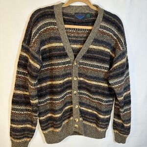 Etchings Vintage Brown Cream Knit Wool Blend Front Buttons Sweater Cardigan L